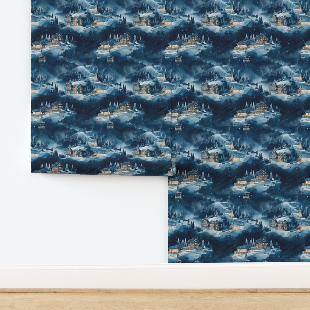Charming vintage print of ski slope in blue at night Wallpaper design