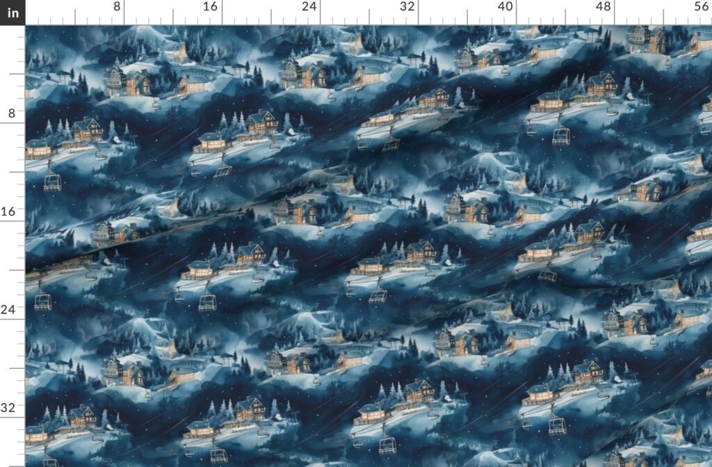 Charming vintage print of ski slope in blue at night Fabric design