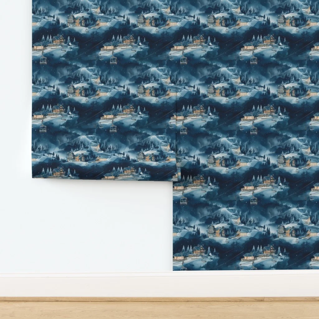 Charming vintage print of ski slope in blue at night Wallpaper design