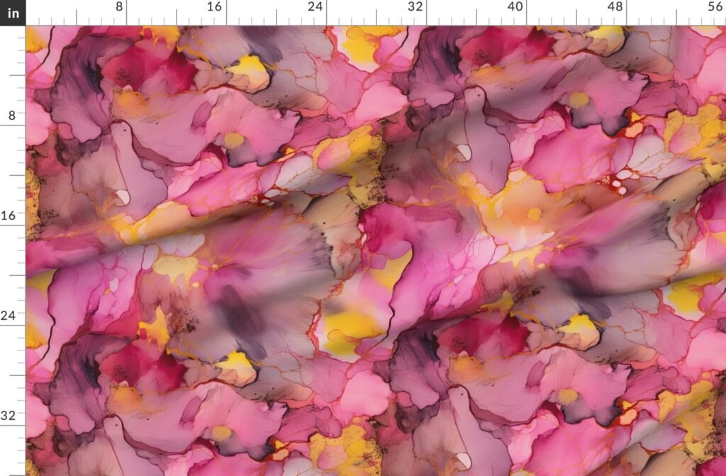 Dawn Pink Yellow and Rose Gold Alcohol Ink Liquid Swirls Fabric design