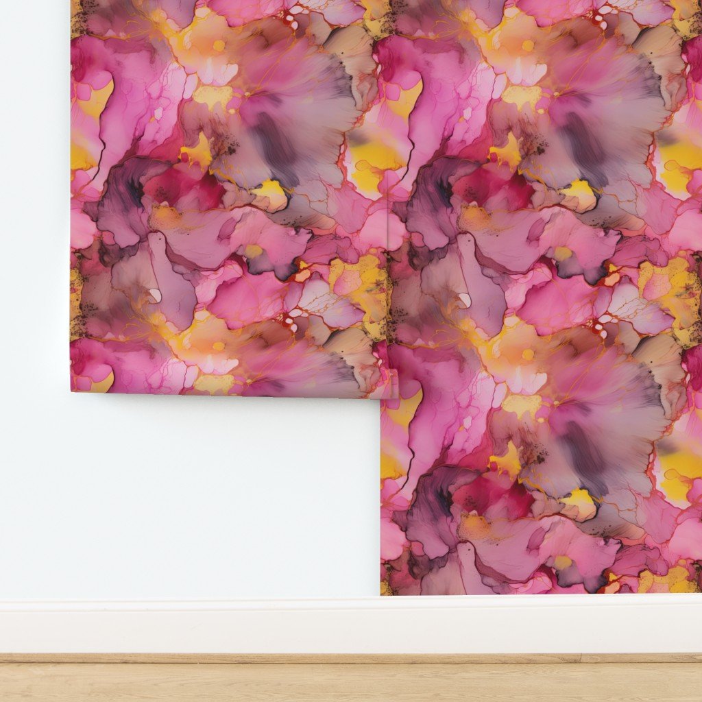 Dawn Pink Yellow and Rose Gold Alcohol Ink Liquid Swirls Wallpaper design