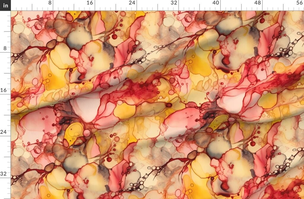 Sunrise Yellow and Peach with Rose Gold Alcohol Ink Liquid Swirls Fabric design