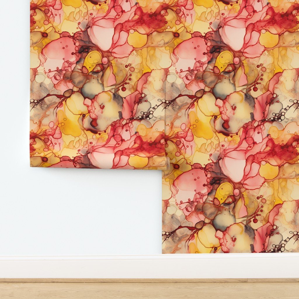 Sunrise Yellow and Peach with Rose Gold Alcohol Ink Liquid Swirls Wallpaper design