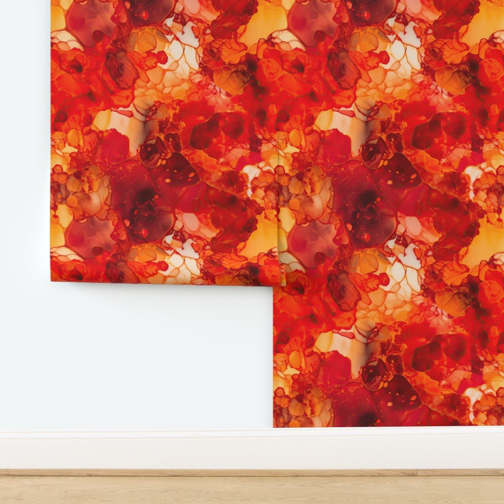 Sunset Orange and Red with Rose Gold Alcohol Ink Liquid Swirls Wallpaper design