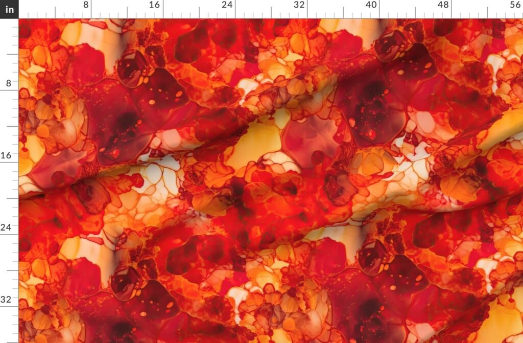 Sunset Orange and Red with Rose Gold Alcohol Ink Liquid Swirls Fabric design