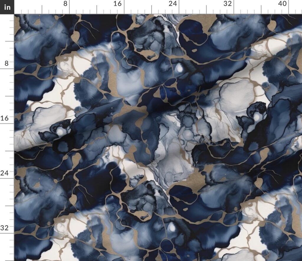 Twilight Navy Blue and Grey with Antique Gold Alcohol Ink Liquid Fabric design