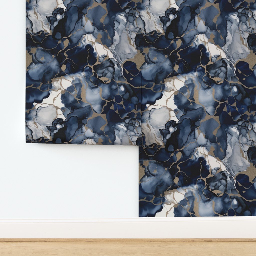 Twilight Navy Blue and Grey with Antique Gold Alcohol Ink Liquid Wallpaper design