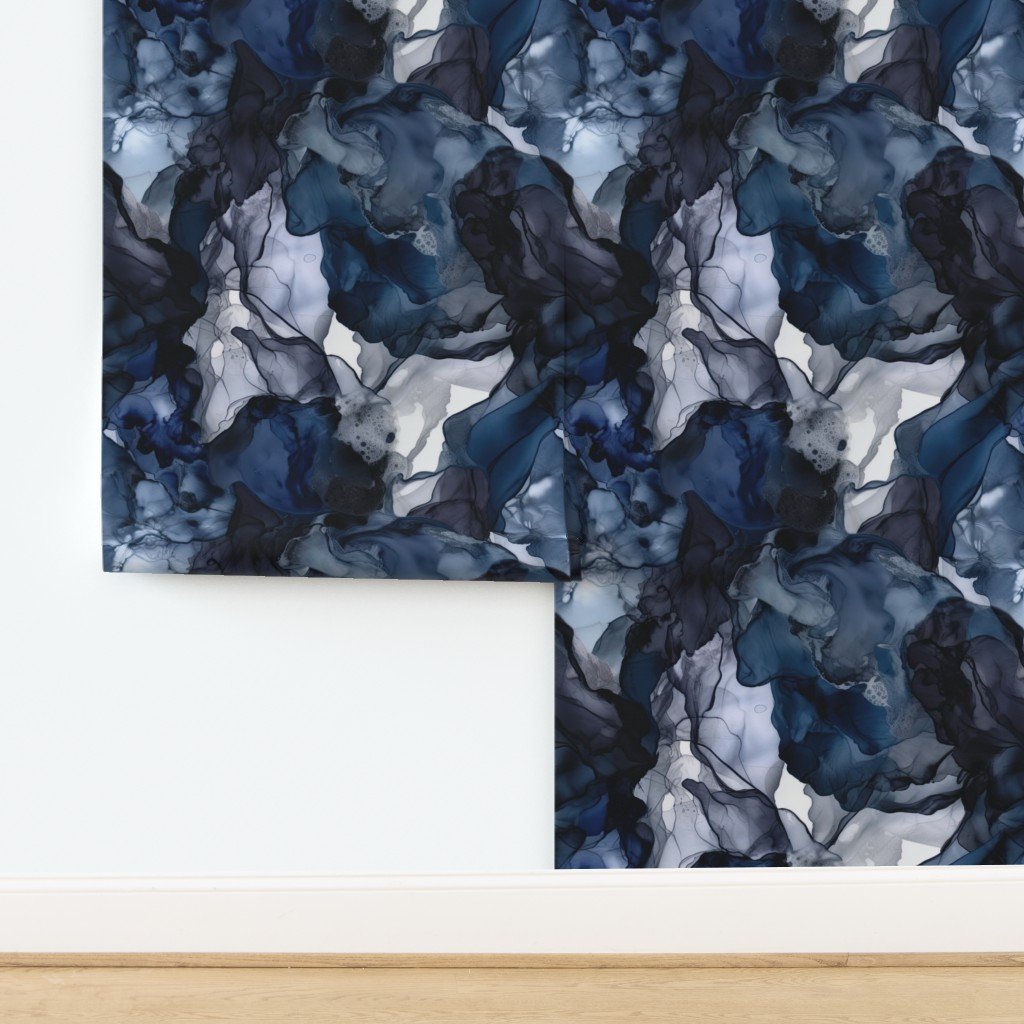 Twilight Navy Blue Lavender and Grey Alcohol Ink Liquid Swirls Wallpaper design