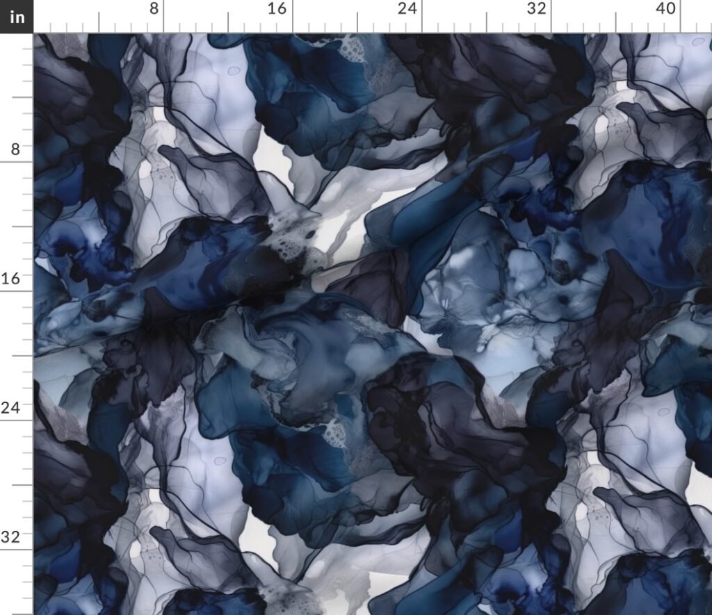 Twilight Navy Blue Lavender and Grey Alcohol Ink Liquid Swirls Fabric design