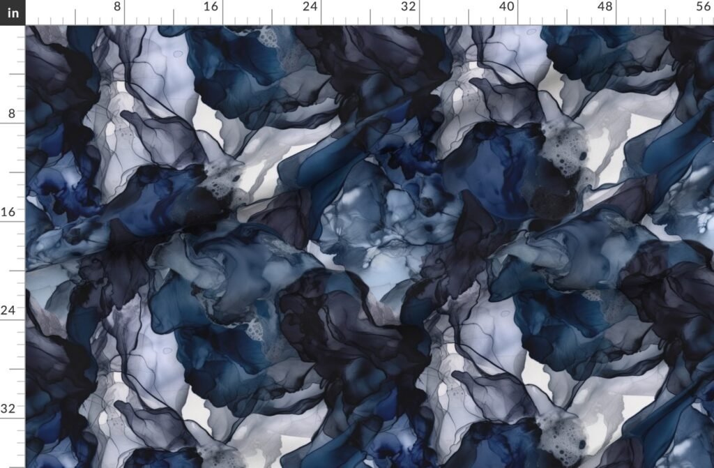 Twilight Navy Blue Lavender and Grey Alcohol Ink Liquid Swirls Fabric design
