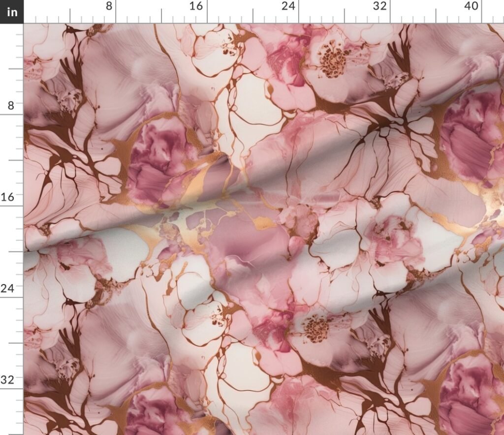 Pale Pink and Rose Gold Alcohol Ink Liquid Swirls Fabric design