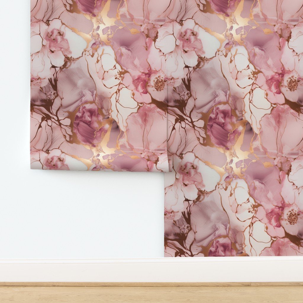 Pale Pink and Rose Gold Alcohol Ink Liquid Swirls Wallpaper design