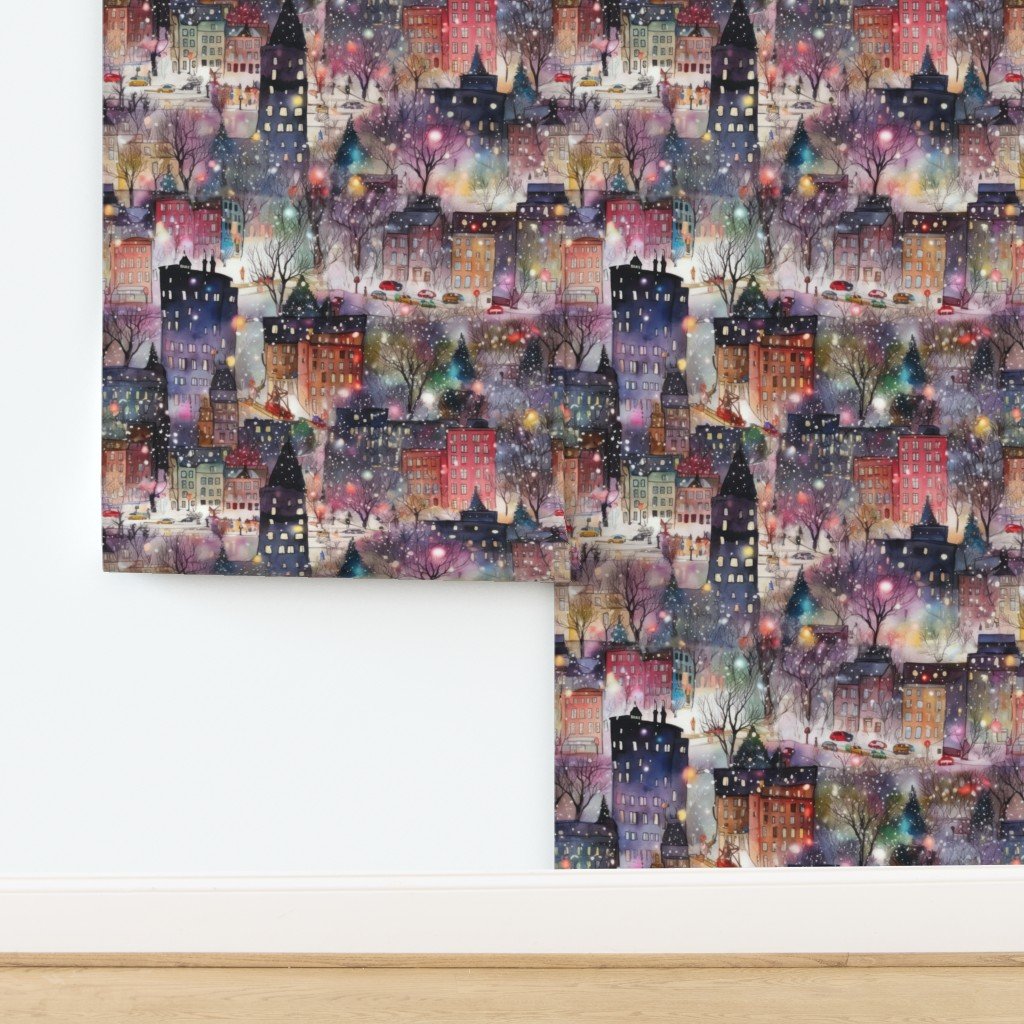 Large New York City Christmas Street Watercolor Wallpaper design