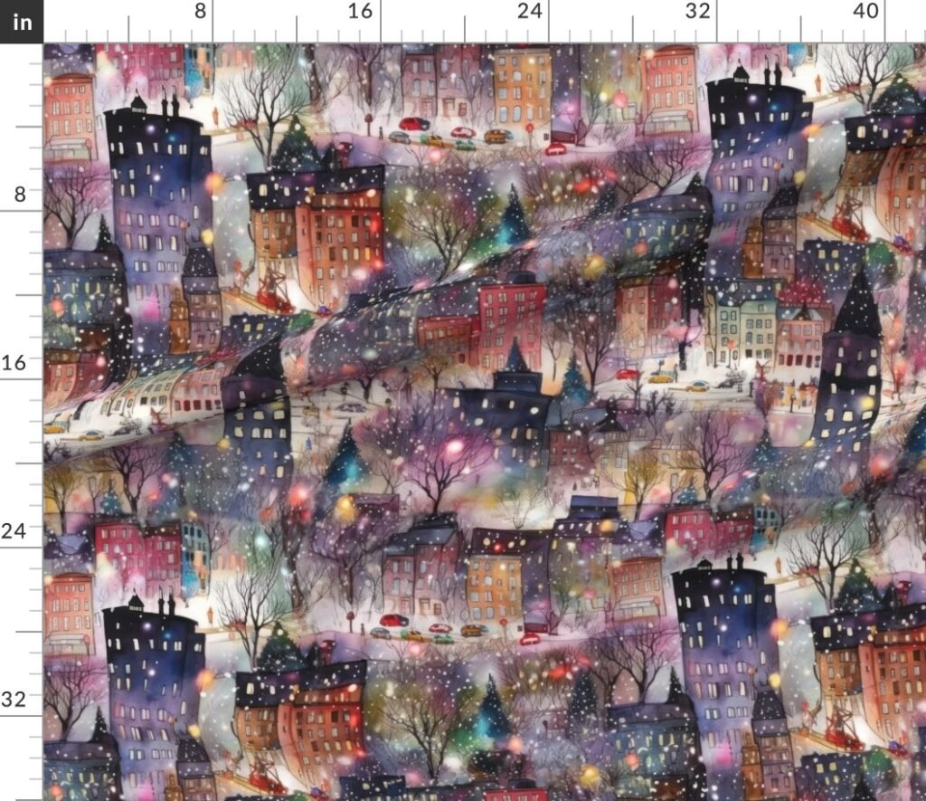 Large New York City Christmas Street Watercolor Fabric design