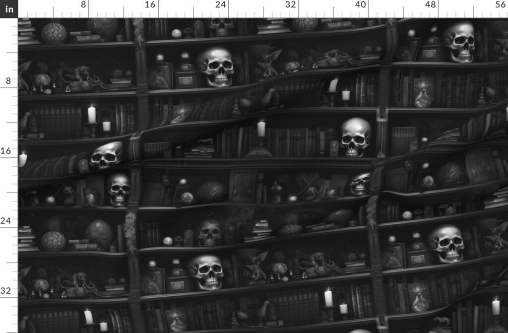Spooky Photo realistic Dark Academia Bookshelves in Black and White Fabric design