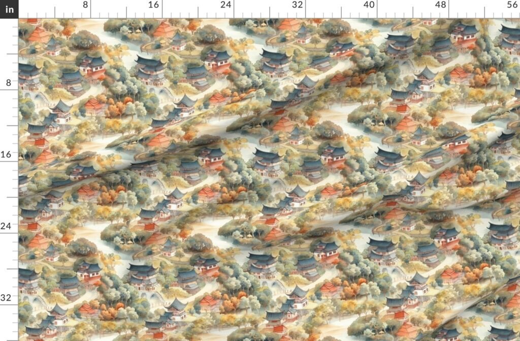 Small Chinese Village in Forest Watercolor Fabric design