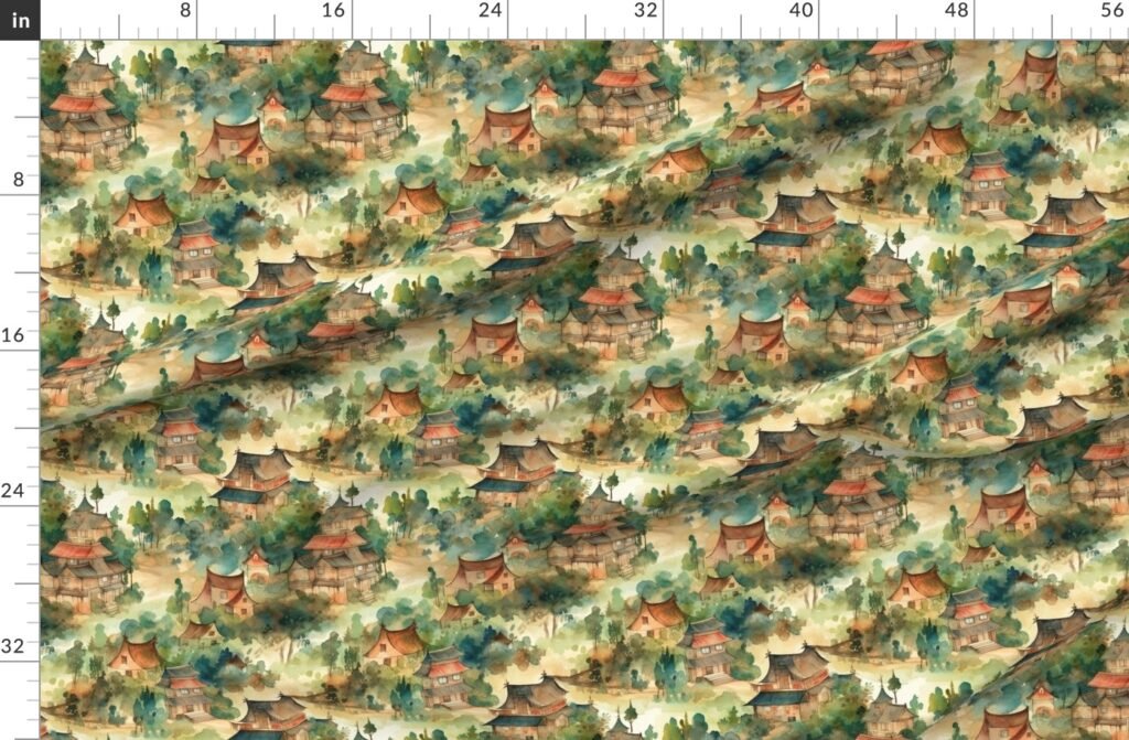 Small Chinese Village in Forest Watercolor Fabric design