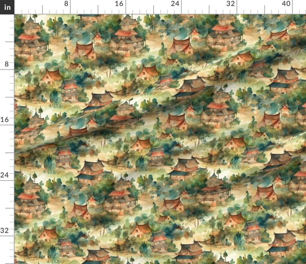 Small Chinese Village in Forest Watercolor Fabric design