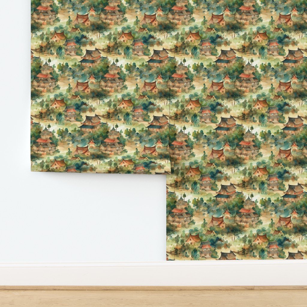 Small Chinese Village in Forest Watercolor Wallpaper design