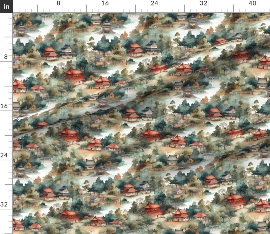 Small Chinese Village in Forest Watercolor Fabric design