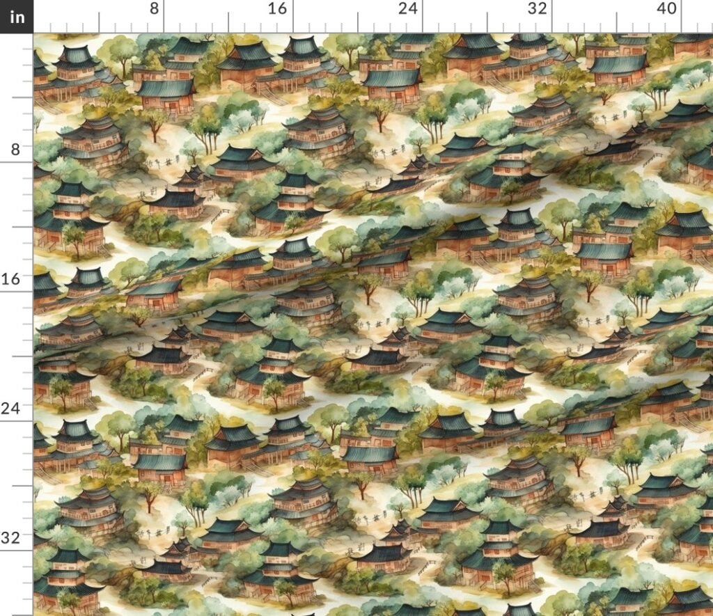 Small Chinese Village in Forest Watercolor Fabric design