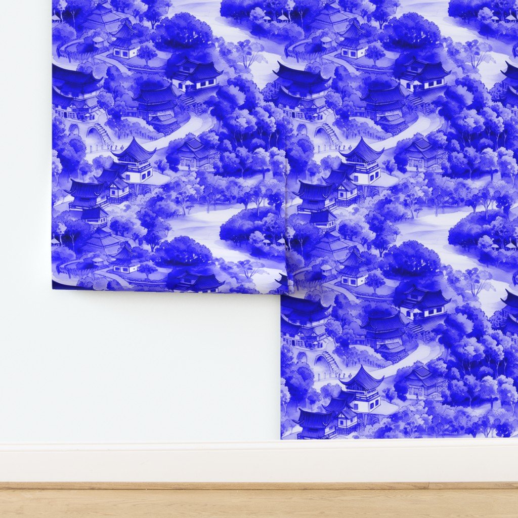 Small Chinese Village in Royal Blue Porcelain Glaze Wallpaper design