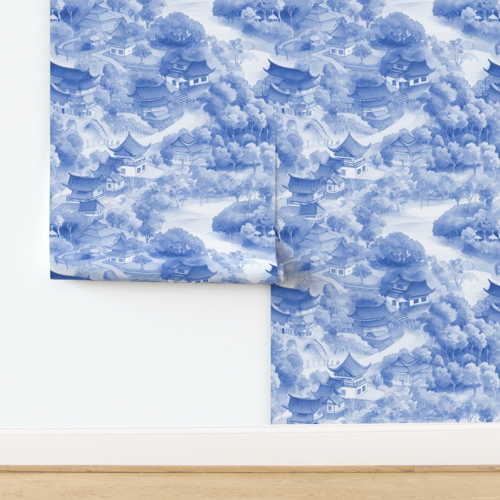 Small Chinese Village in Light Blue Porcelain Glaze Wallpaper design