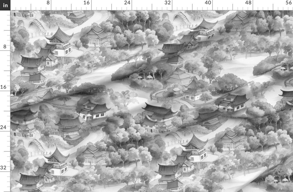 Small Chinese Village in Grey Porcelain Glaze Fabric design