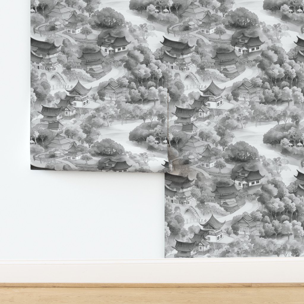 Small Chinese Village in Grey Porcelain Glaze Wallpaper design