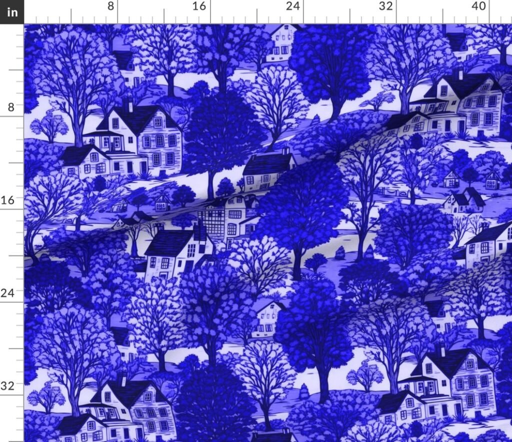 New England Village Houses with Trees in Royal Blue Porcelain Glaze Fabric design