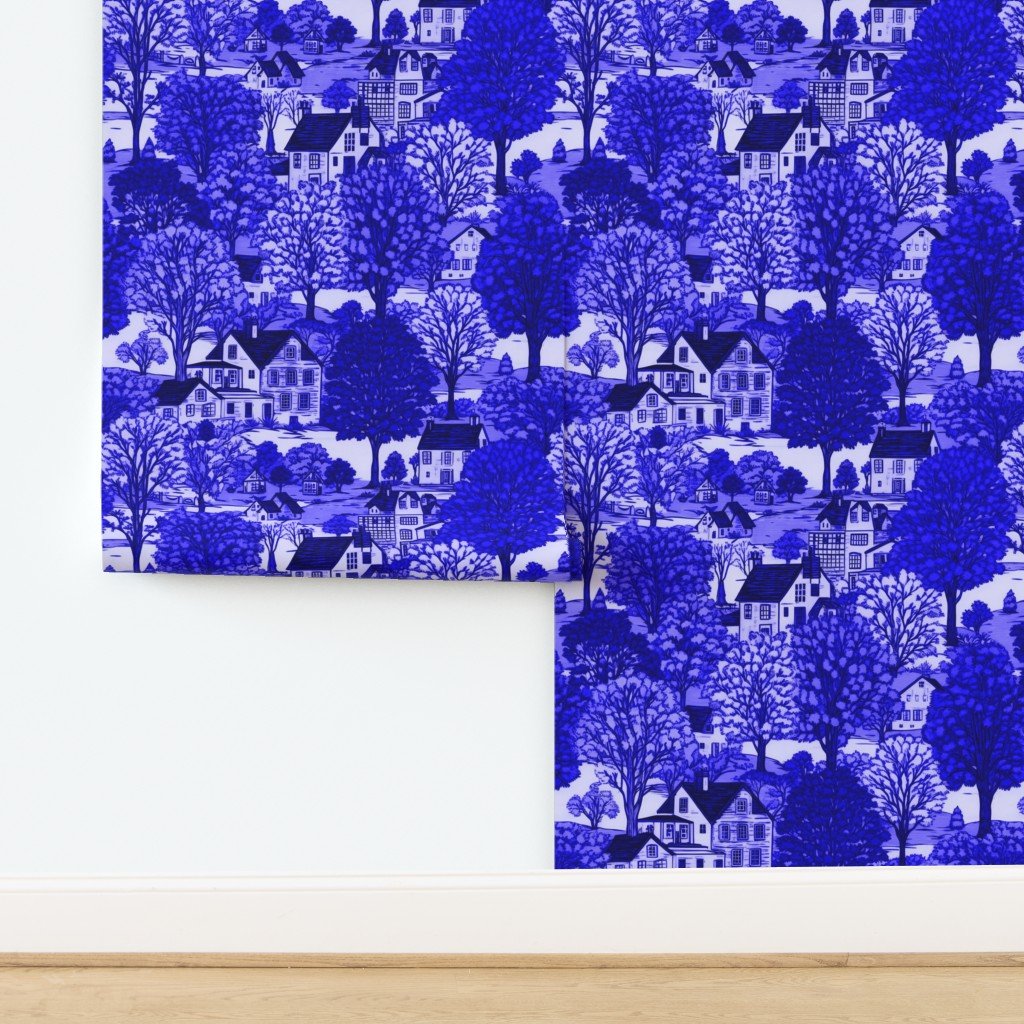 New England Village Houses with Trees in Royal Blue Porcelain Glaze Wallpaper design
