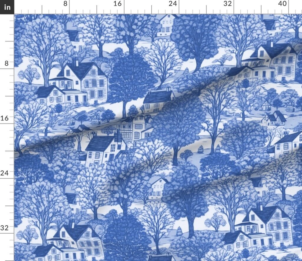 New England Village Houses with Trees in Light Blue Porcelain Glaze Fabric design