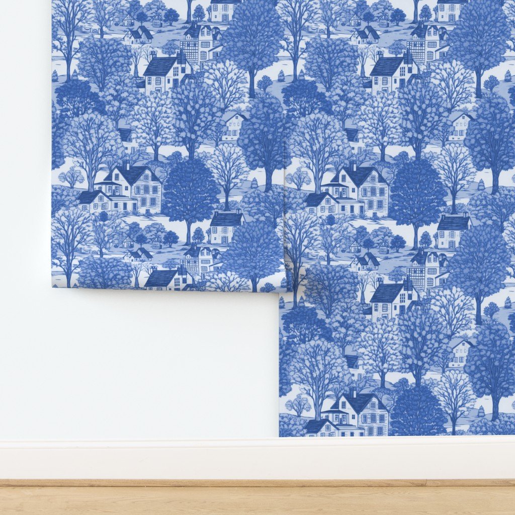 New England Village Houses with Trees in Light Blue Porcelain Glaze Wallpaper design