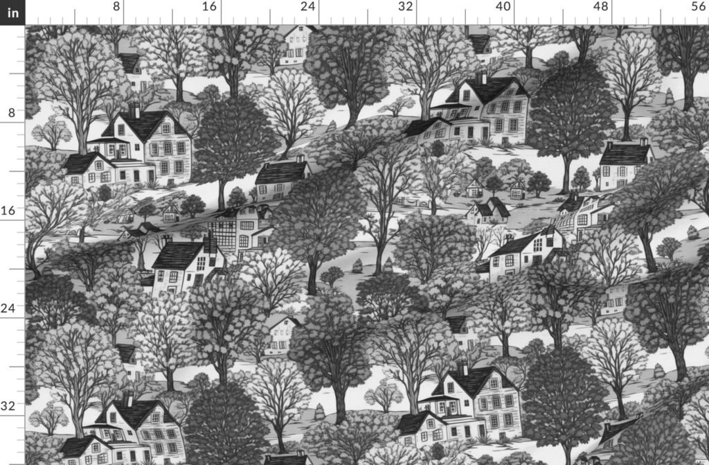 New England Village Houses with Trees Grey Porcelain Glaze Fabric design