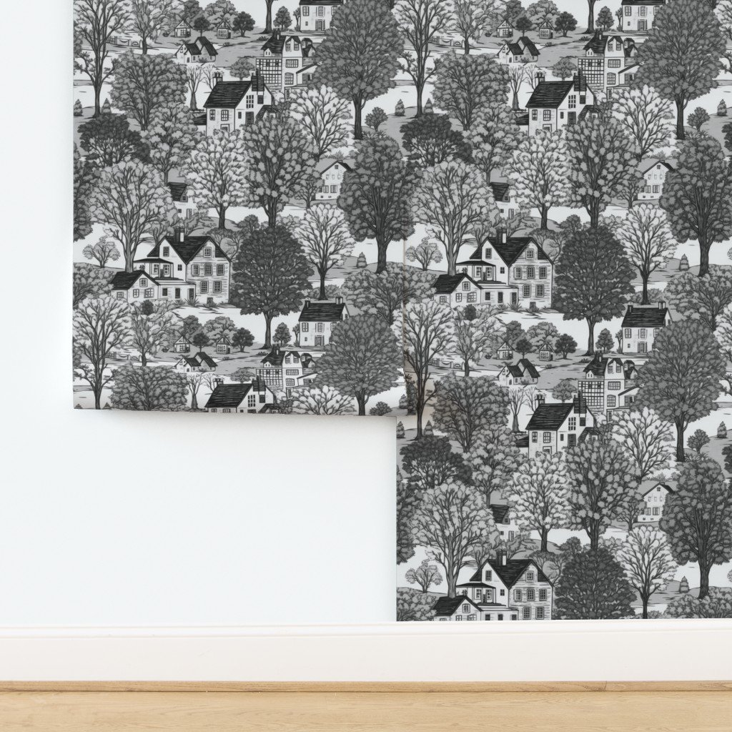 New England Village Houses with Trees Grey Porcelain Glaze Wallpaper design