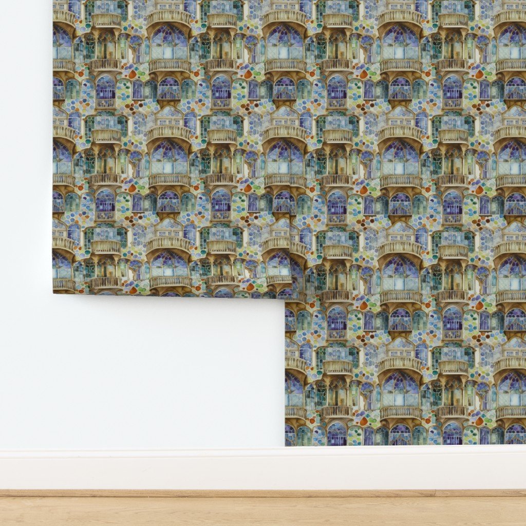 Barcelona House Architectural Detail in Windows Columns Arches and Wallpaper design