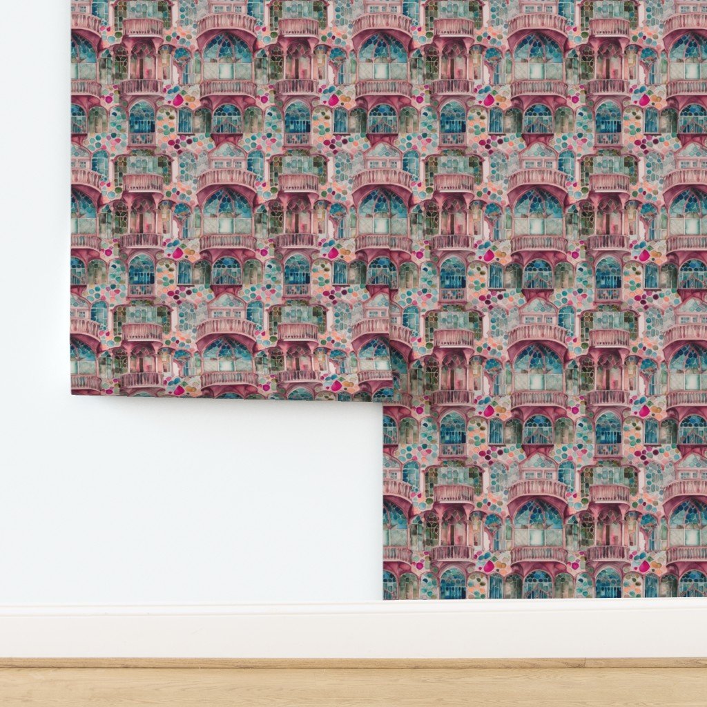 Barcelona House Architectural Detail in Windows Columns Arches and Wallpaper design