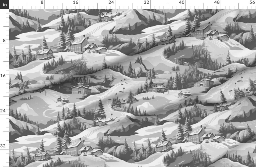 Small Montana Winter Cabins Montana with Evergreens in Grey Fabric design
