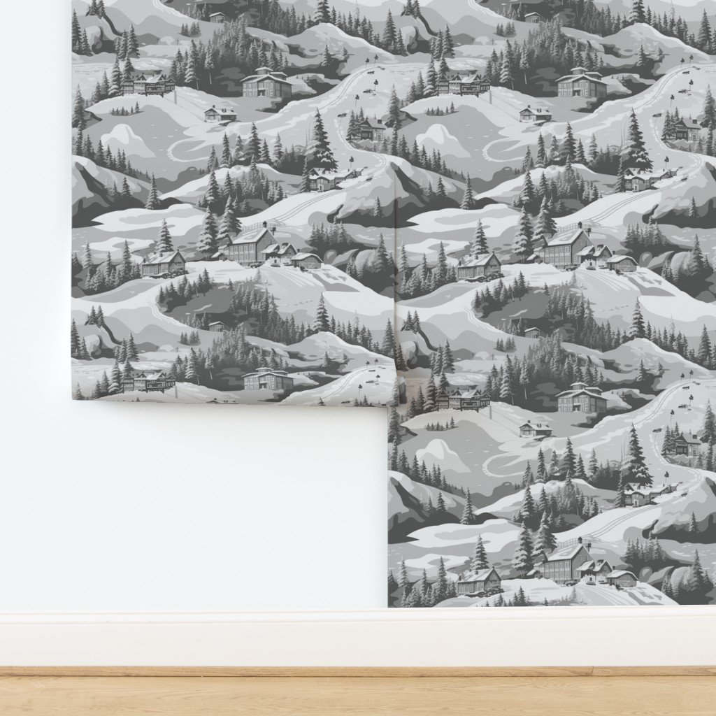 Small Montana Winter Cabins Montana with Evergreens in Grey Wallpaper design