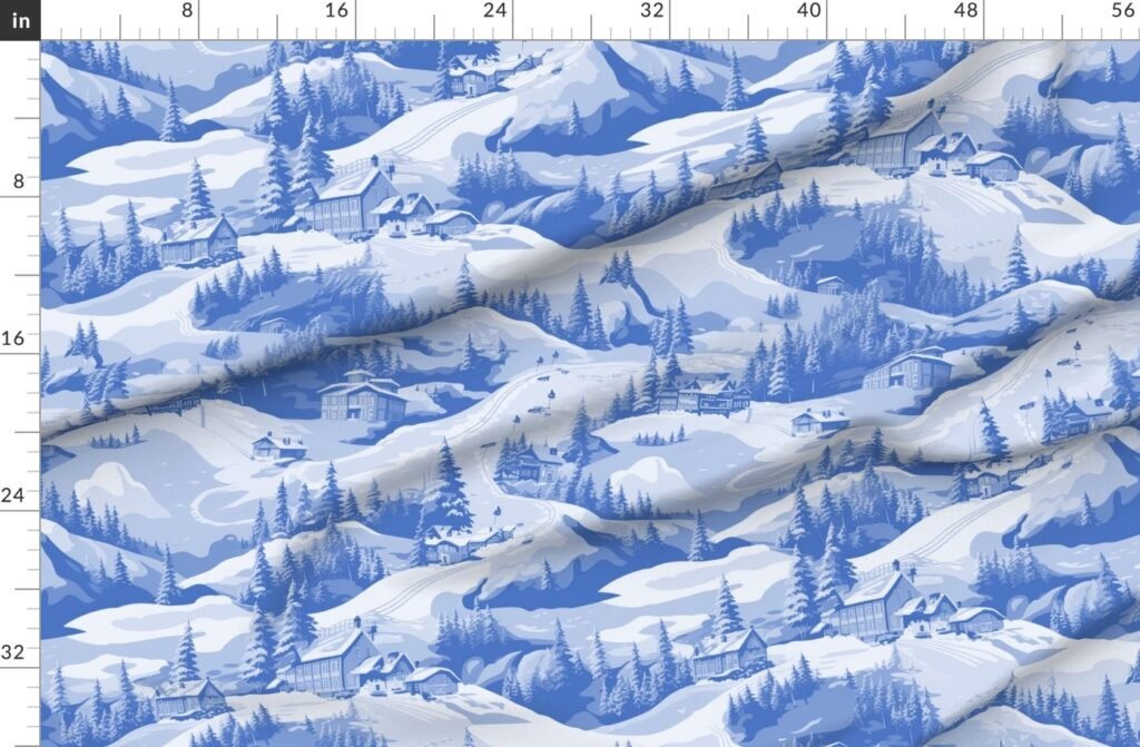 Small Montana Winter Cabins Montana with Evergreens in Mid China Blue Fabric design