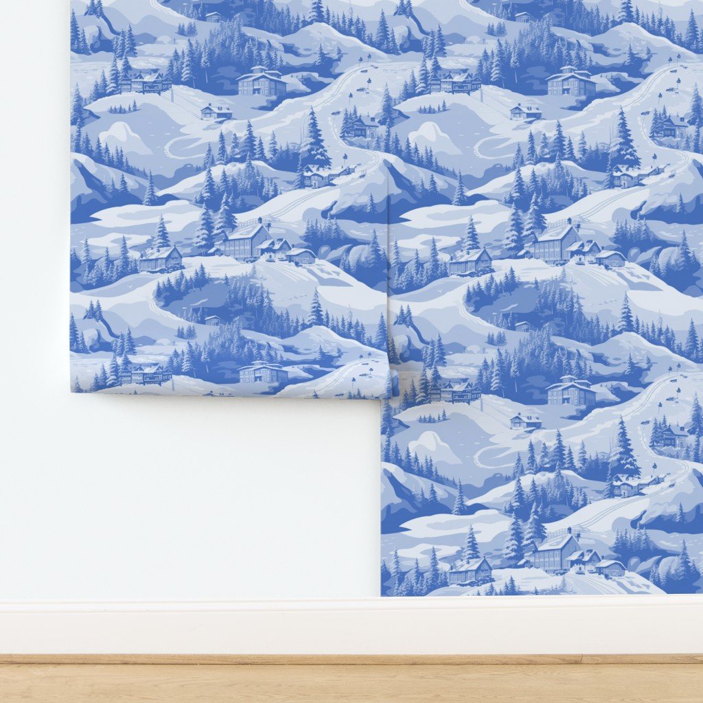 Small Montana Winter Cabins Montana with Evergreens in Mid China Blue Wallpaper design