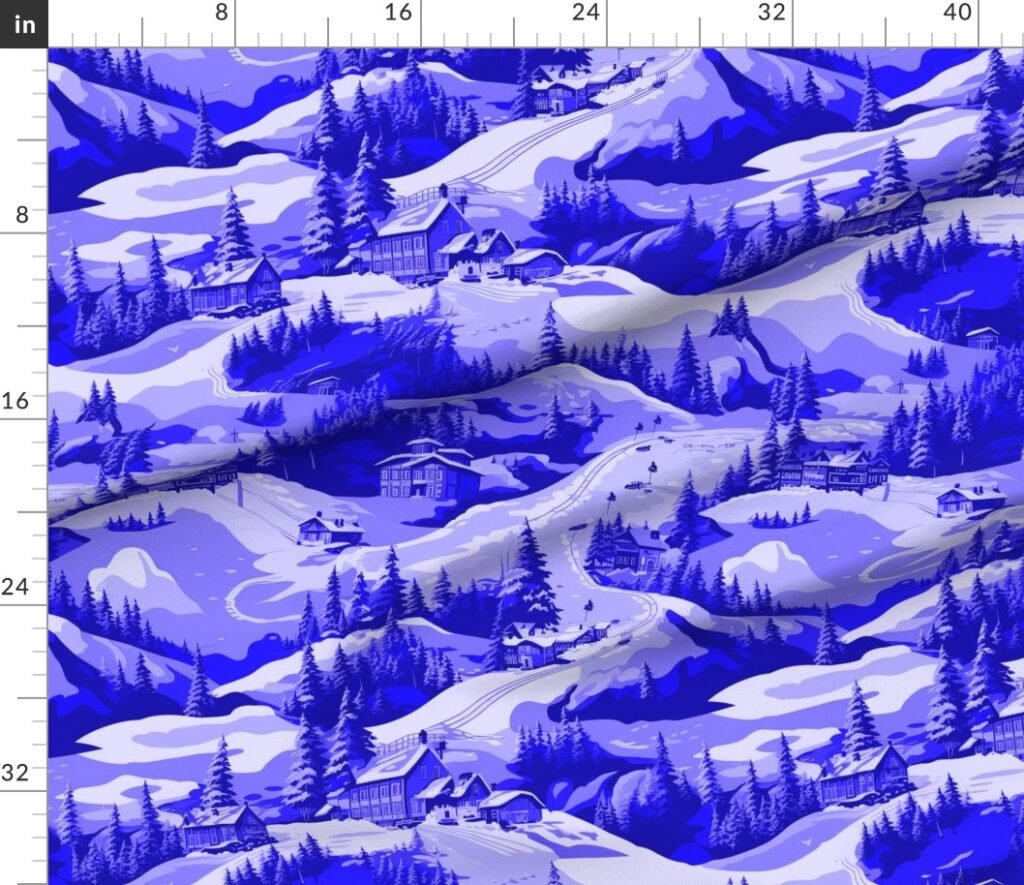 Small Montana Winter Cabins Montana with Evergreens in Royal China Fabric design
