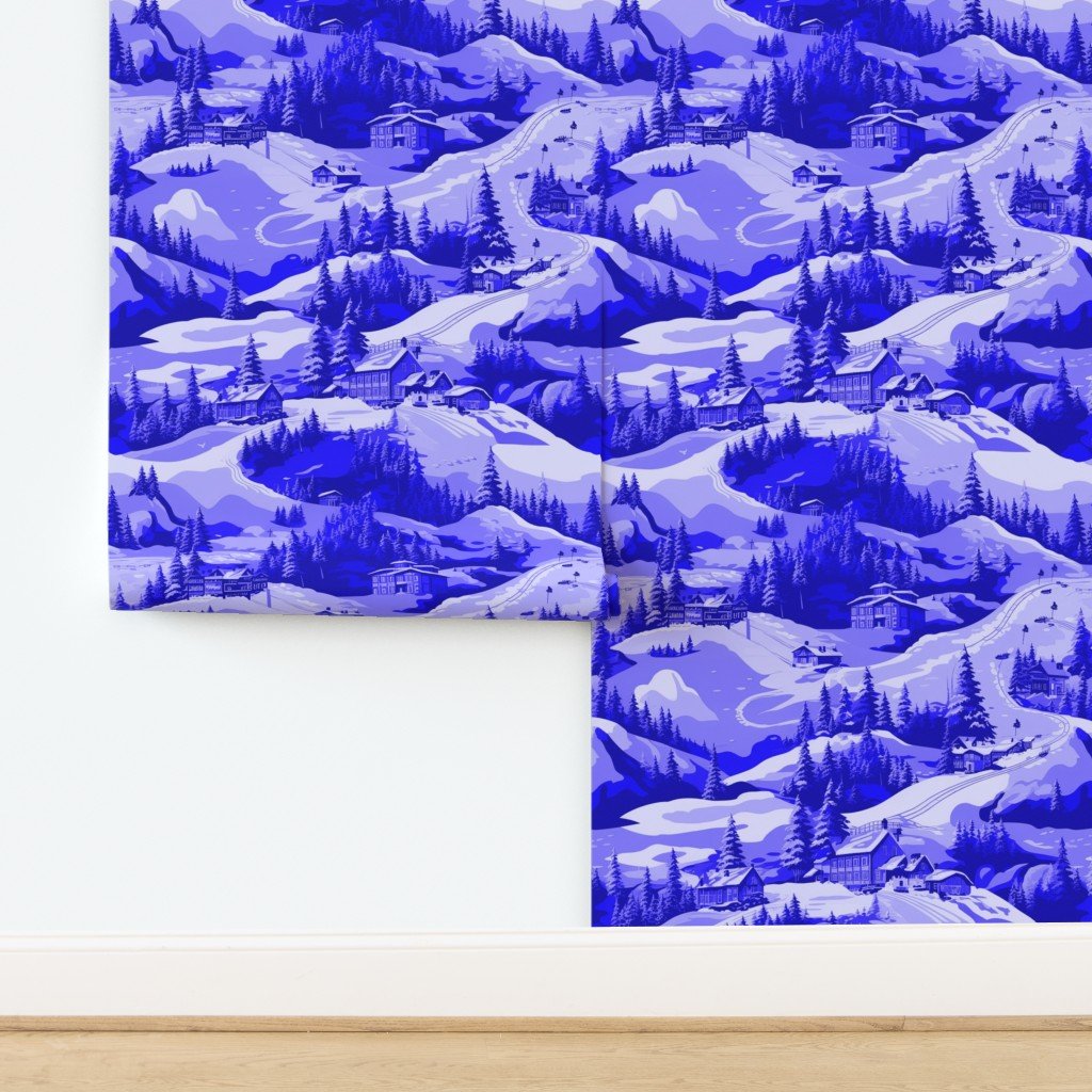 Small Montana Winter Cabins Montana with Evergreens in Royal China Wallpaper design