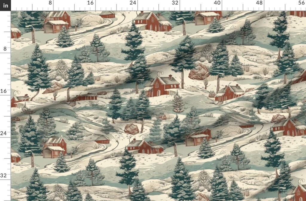 Small Montana Winter Cabins Montana with Evergreens Fabric design