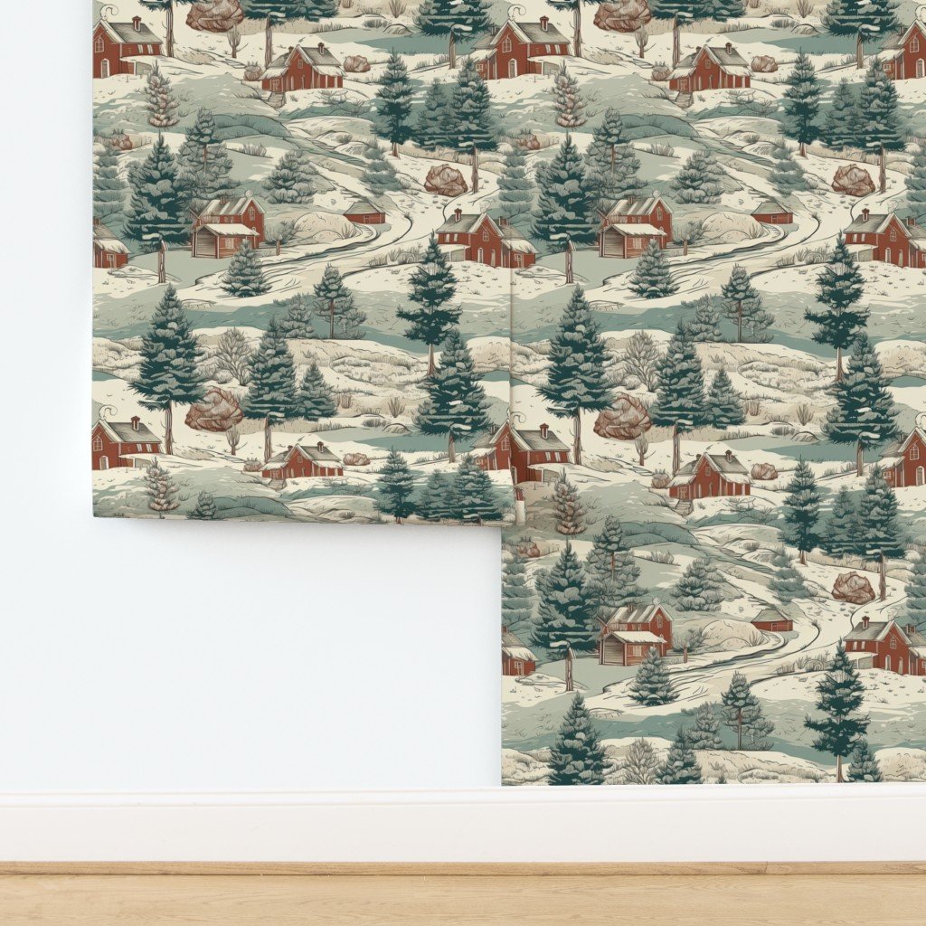 Small Montana Winter Cabins Montana with Evergreens Wallpaper design