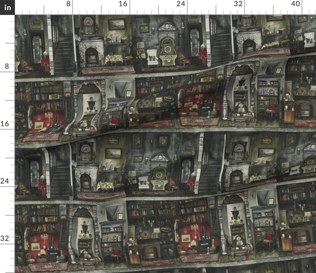Victorian Gothic Dollshouse with Dark Academia Watercolor Decor 1 Fabric design
