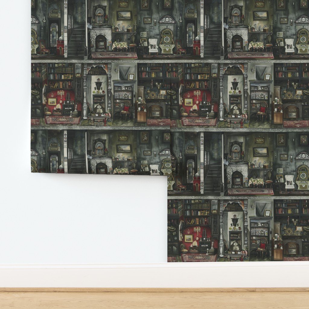 Victorian Gothic Dollshouse with Dark Academia Watercolor Decor 1 Wallpaper design