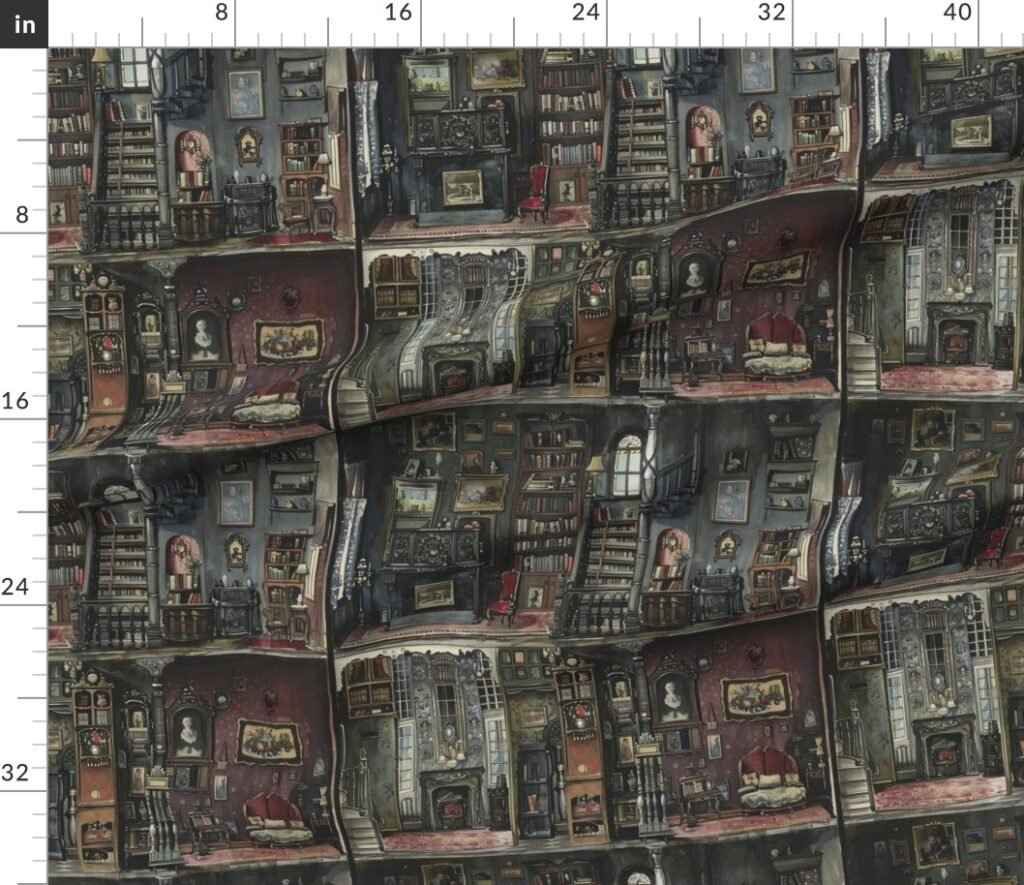 Victorian Gothic Dollshouse with Dark Academia Watercolor Decor 2 Fabric design