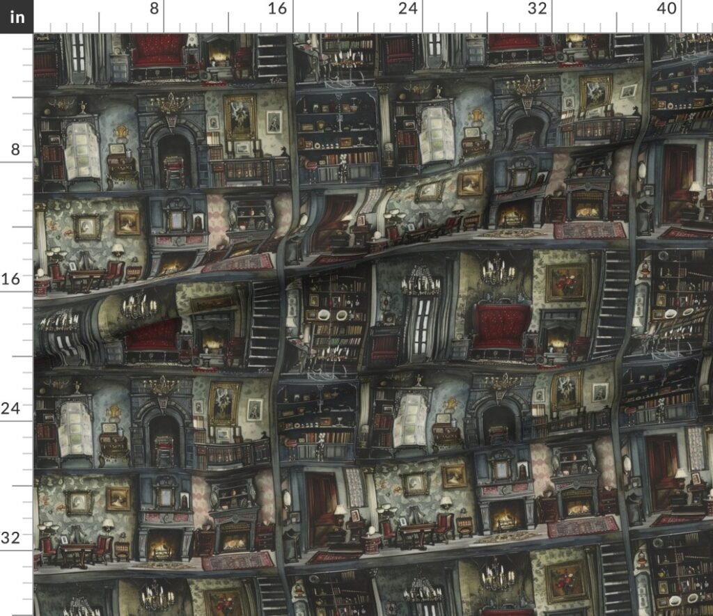 Victorian Gothic Dollshouse with Dark Academia Watercolor Decor 3 Fabric design