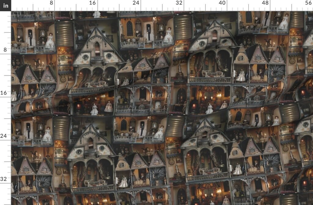 Victorian Gothic Haunted Dollshouse with Dolls in Dark Academia Fabric design